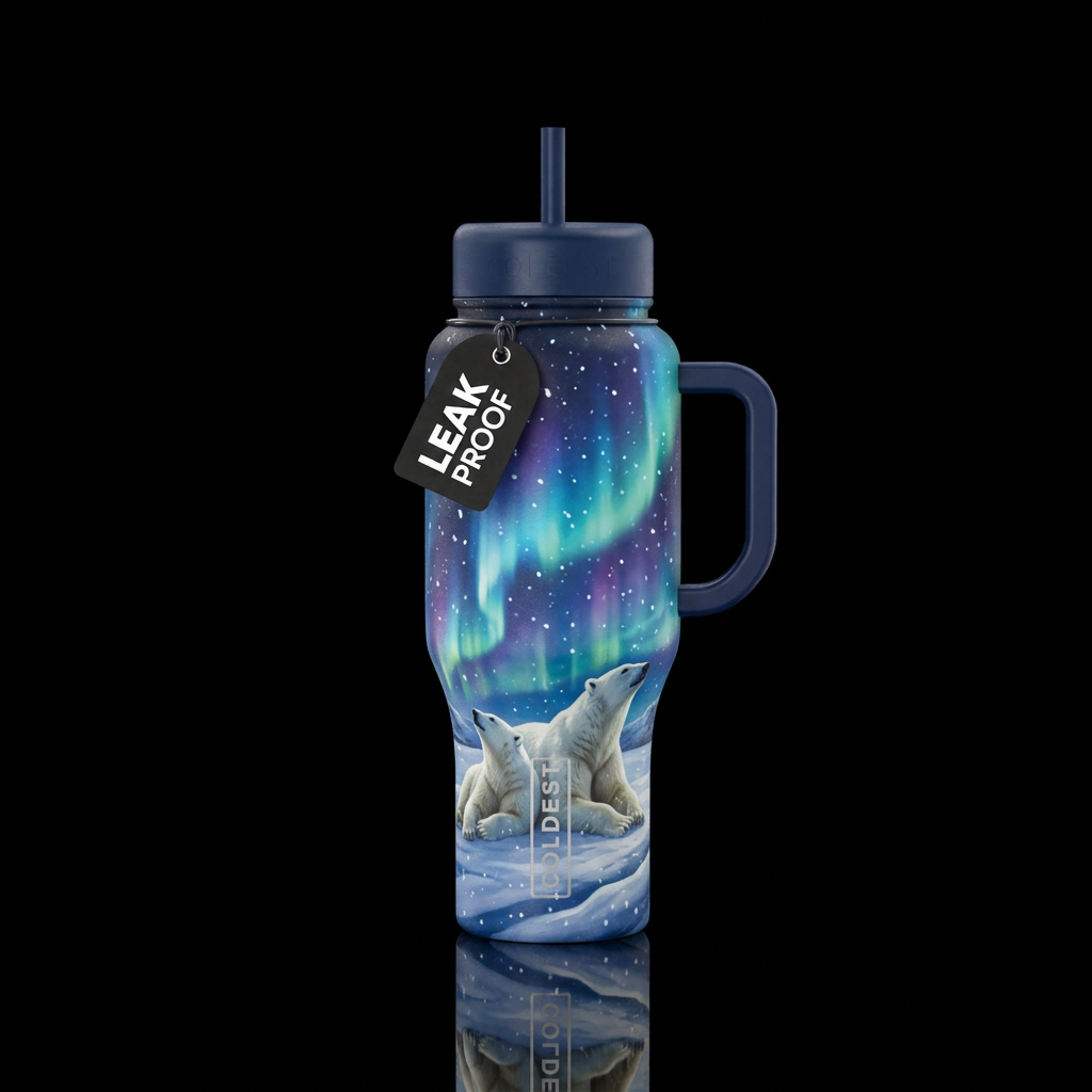 Polar bears laying and watching the northern light... water bottle design