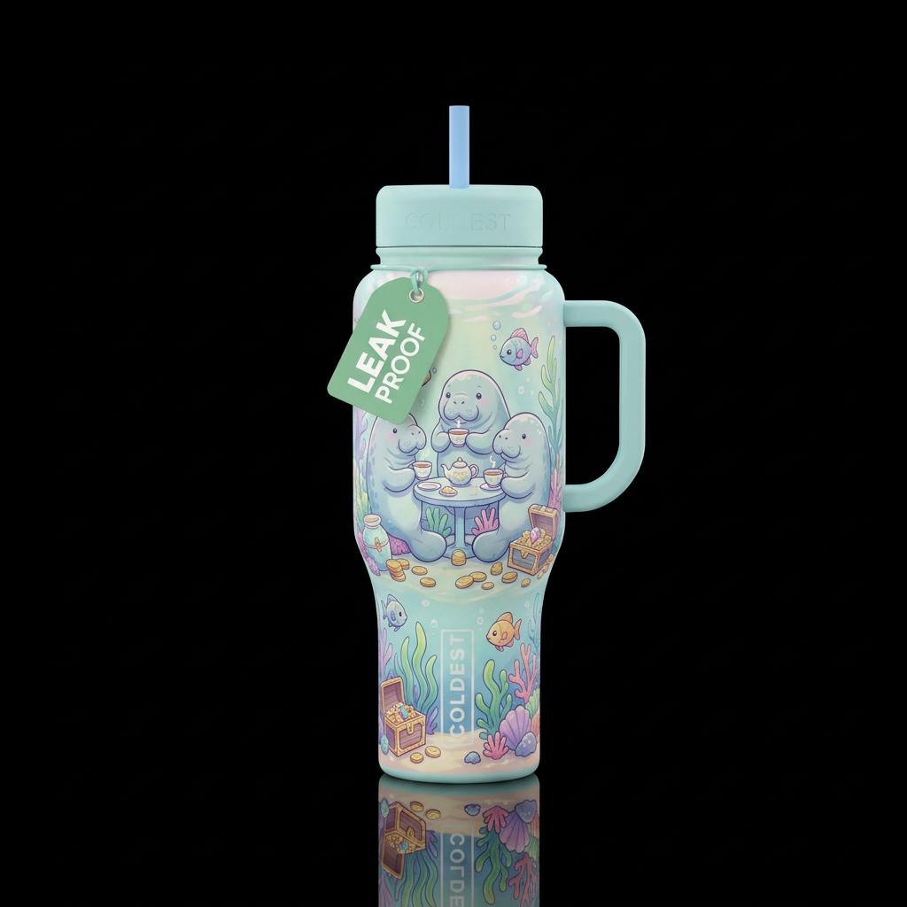 Manatees sitting around a table all drinking tea u... water bottle design
