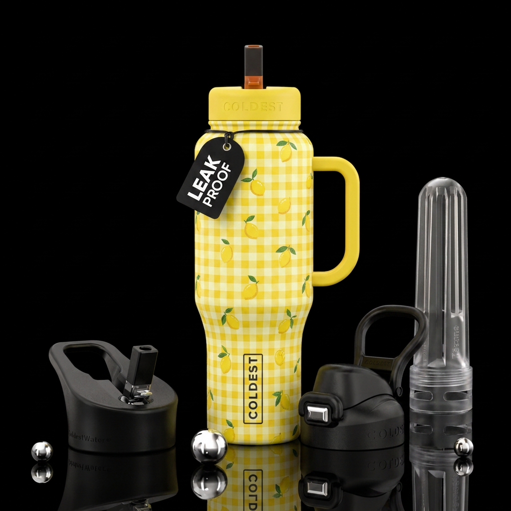 yellow gingham with little lemons all over water bottle design