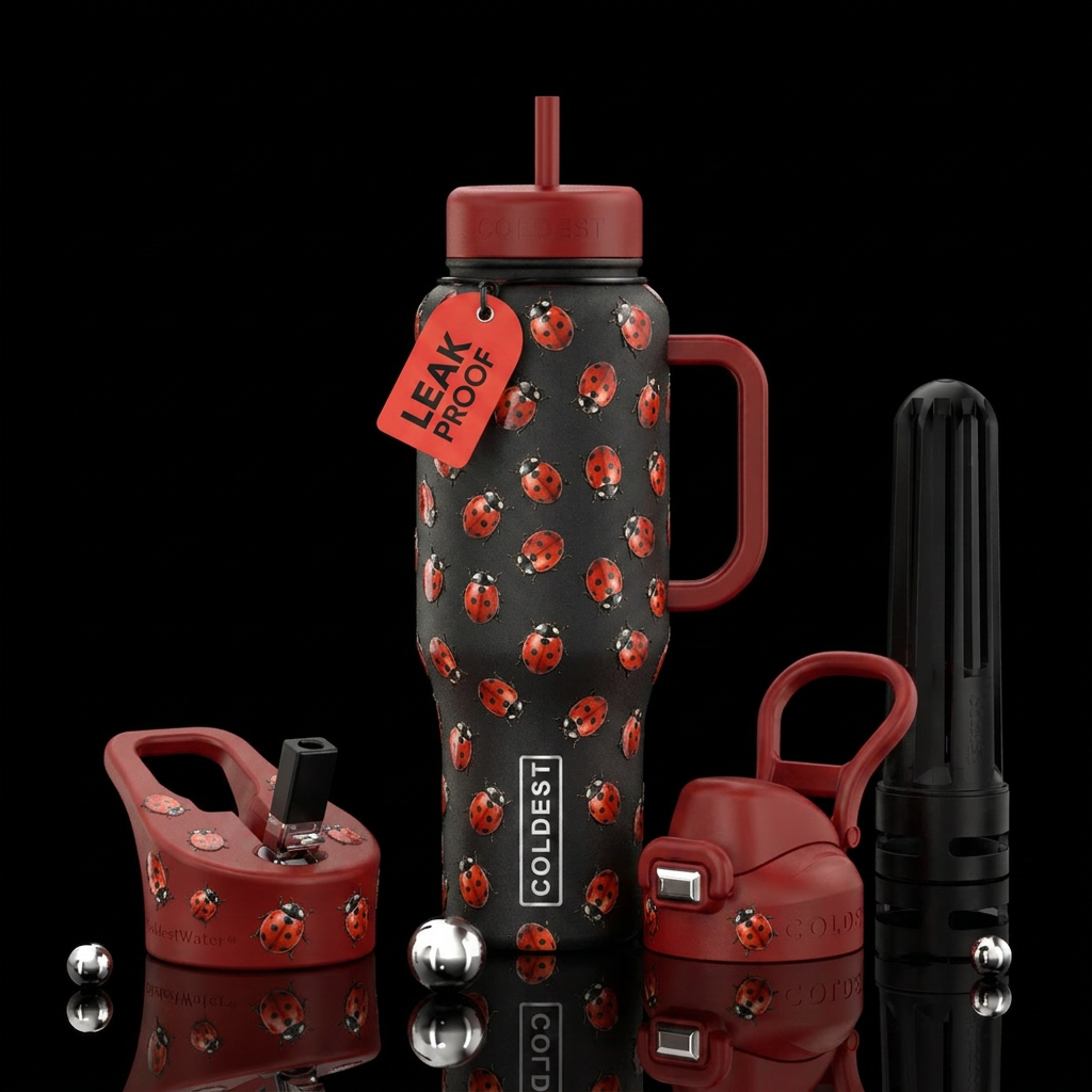 cute little lady bugs all over water bottle design