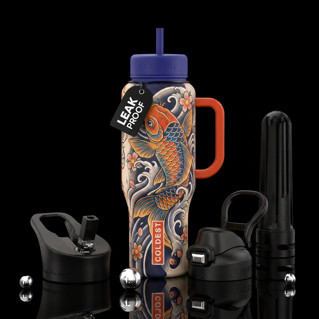 tattoo style koi fish water bottle design
