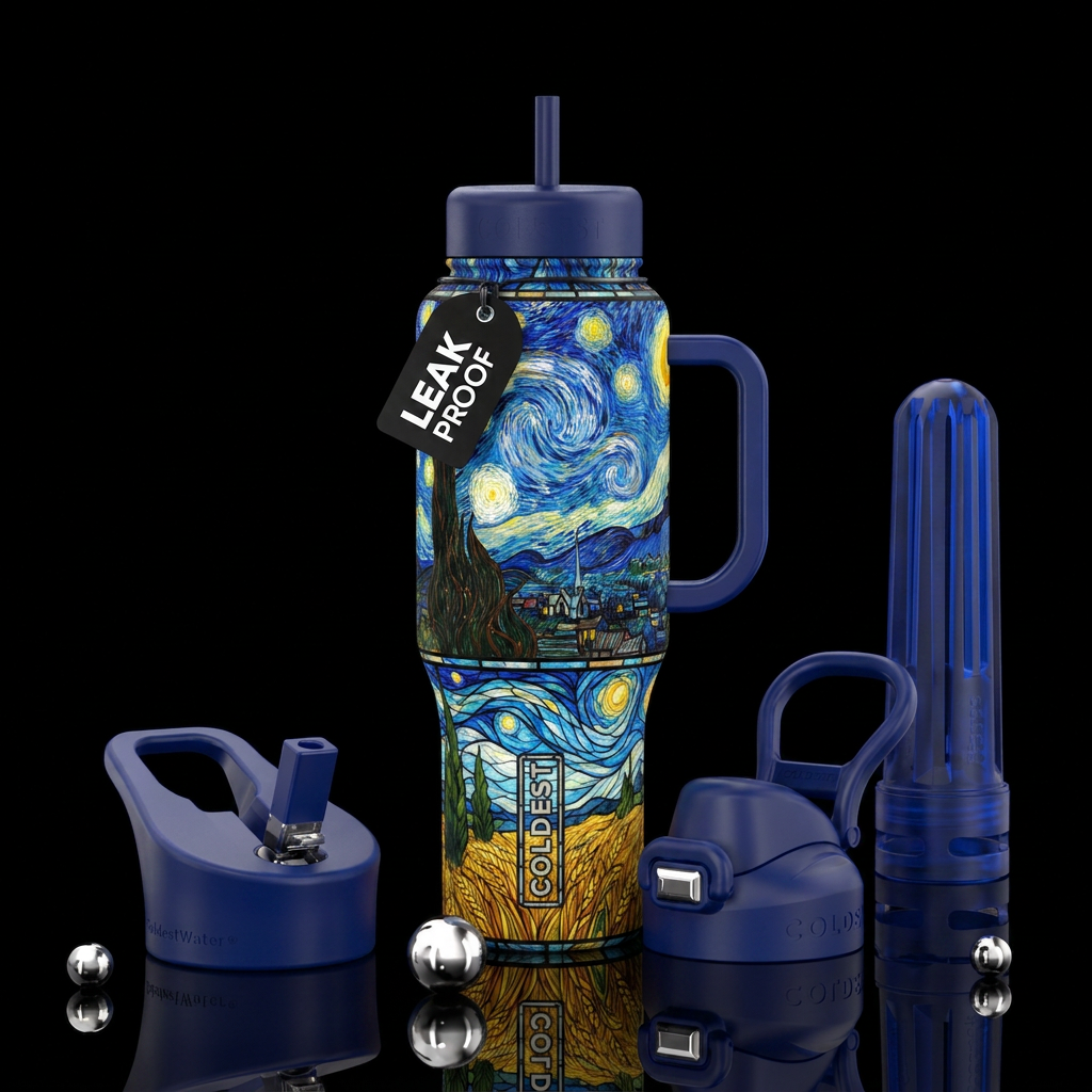 Stained glass van gogh water bottle design