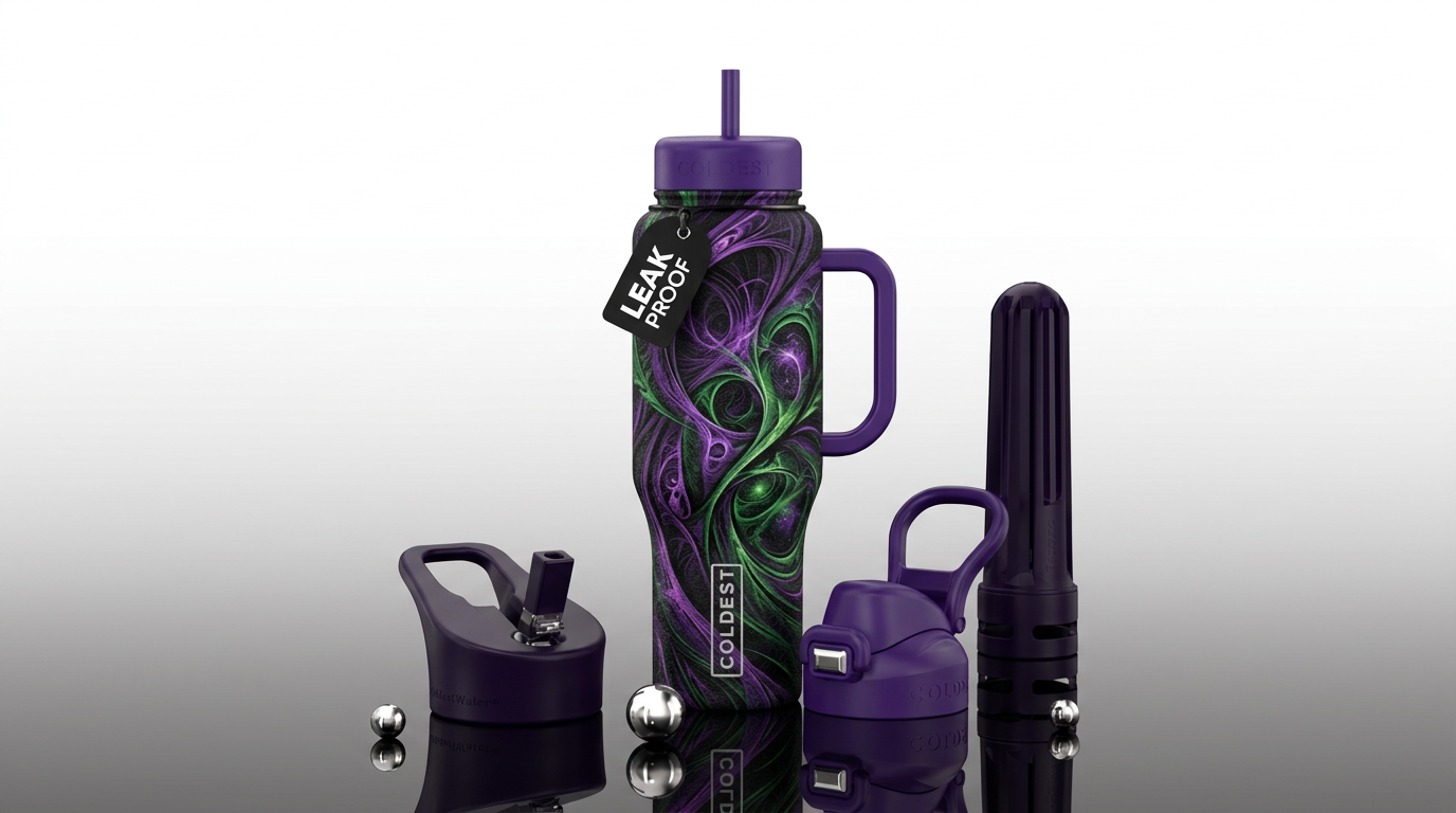 black, purple and green water bottle design