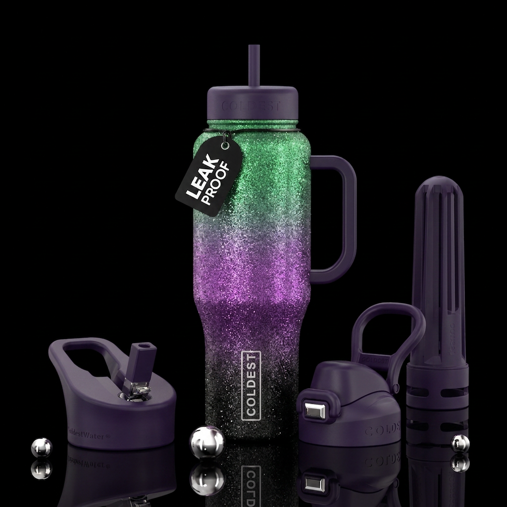 glitter green, purple and black ombre water bottle design