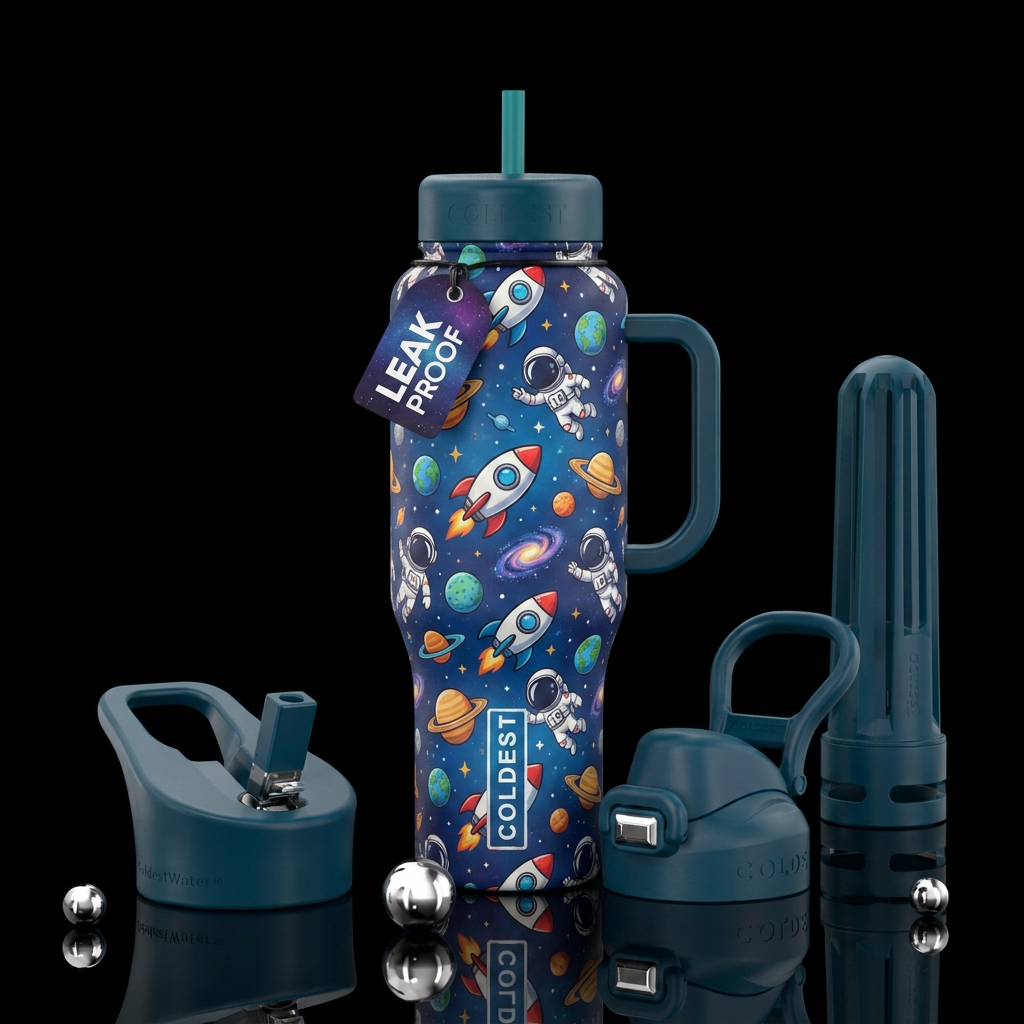 cute rocketships, astronauts and stars all over water bottle design