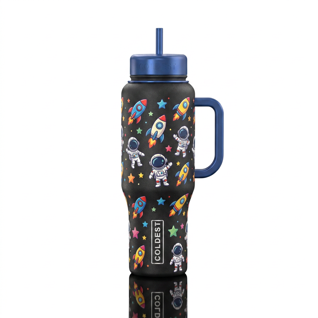 cute rocketships, astronauts and stars all over water bottle design