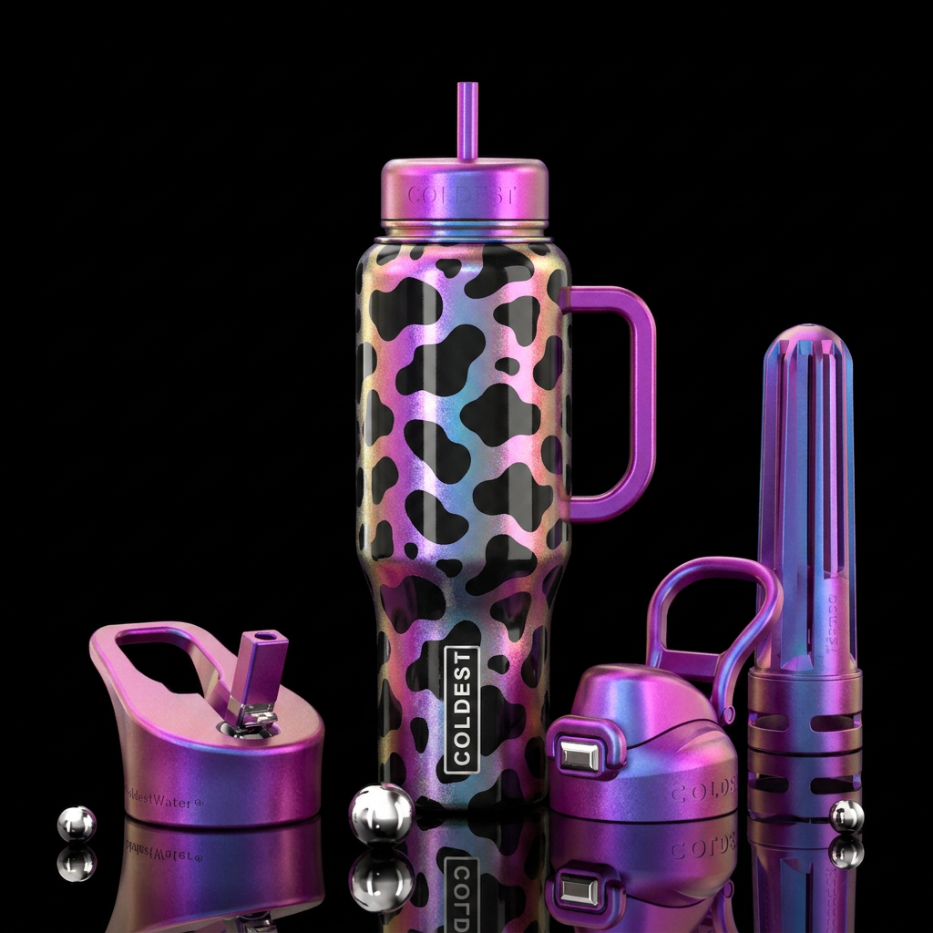 shimmery cow print water bottle design