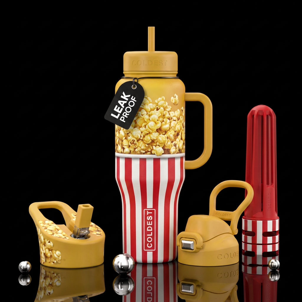 looks like bucket of movie theatre popcorn water bottle design