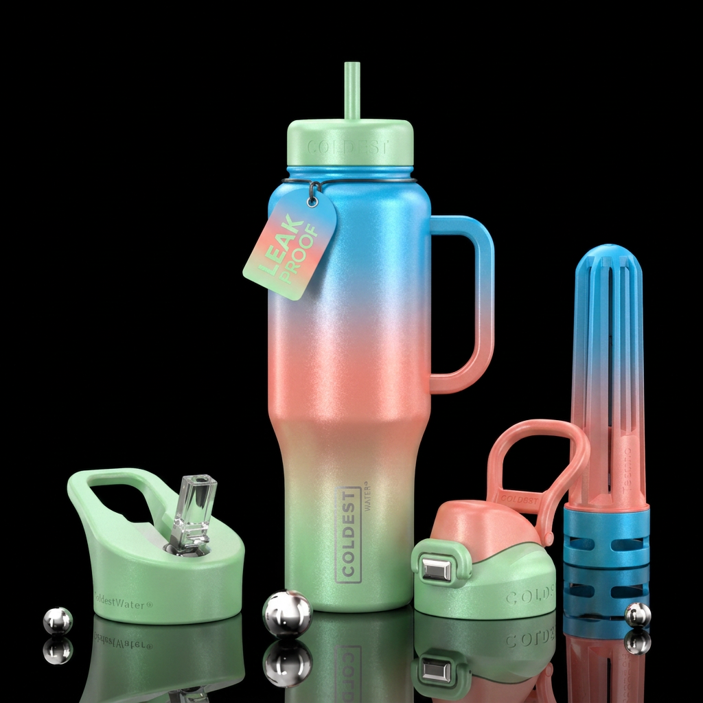 shimmery light green, light coral and bright blue ... water bottle design