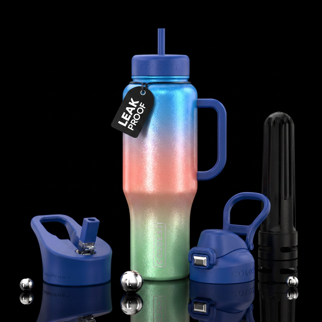 shimmery light green, light coral and bright blue ... water bottle design
