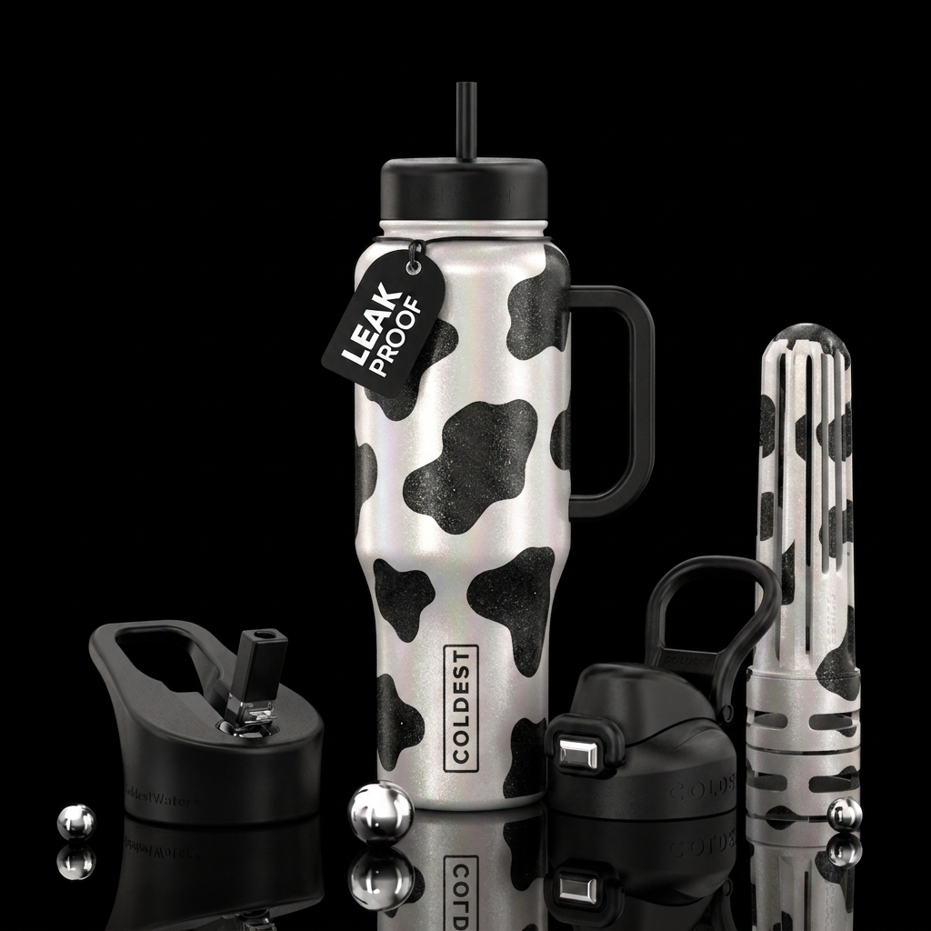shimmery cow print water bottle design