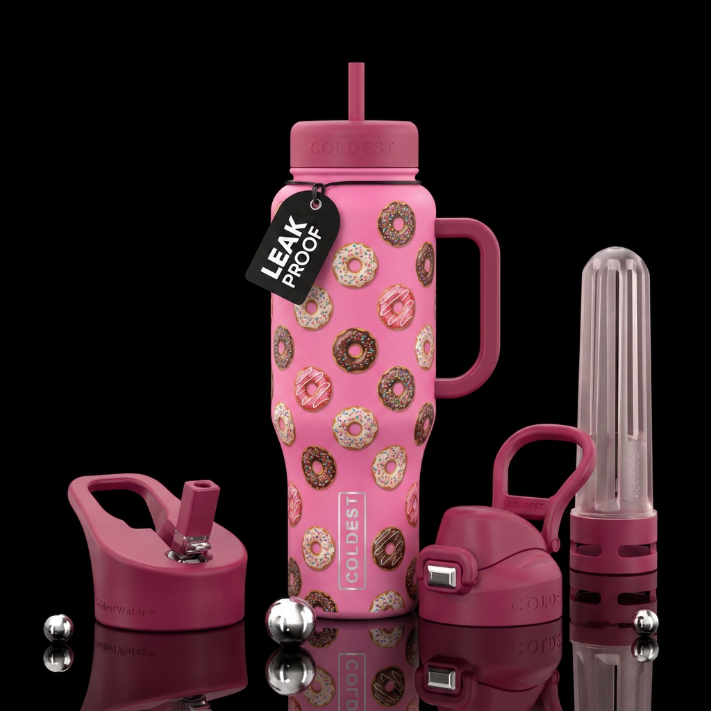 pink bottle with sprinkle donuts all over water bottle design