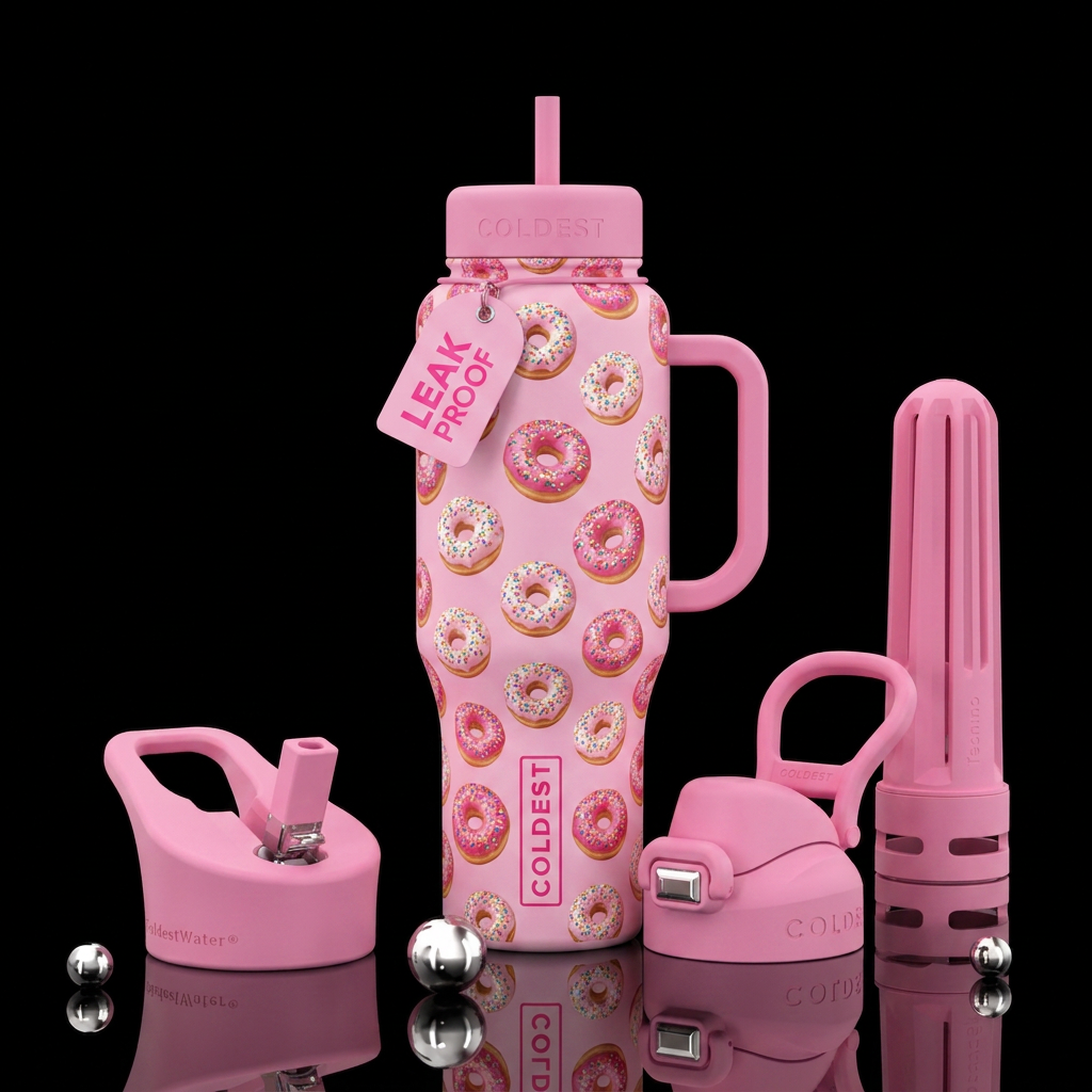 pink bottle with sprinkle donuts all over water bottle design