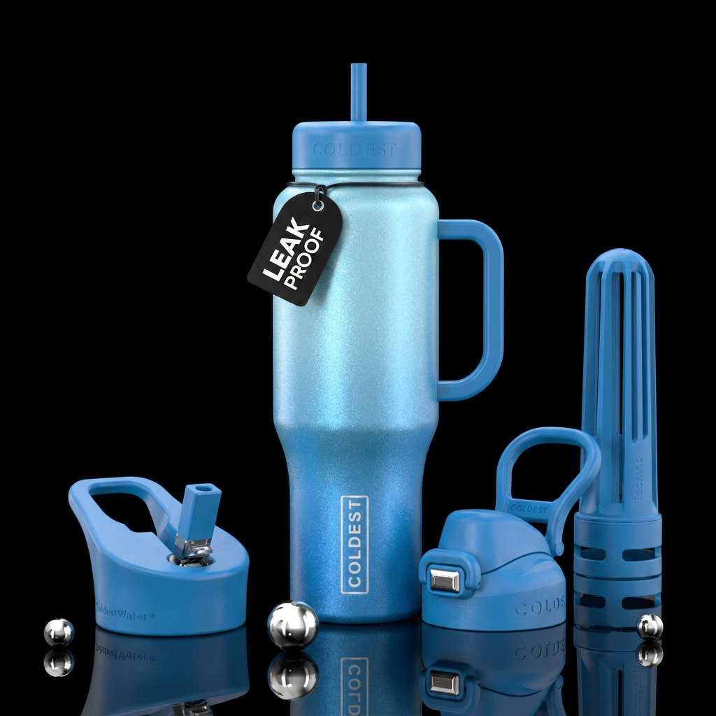 shimmery Light blue to medium blue ombre water bottle design