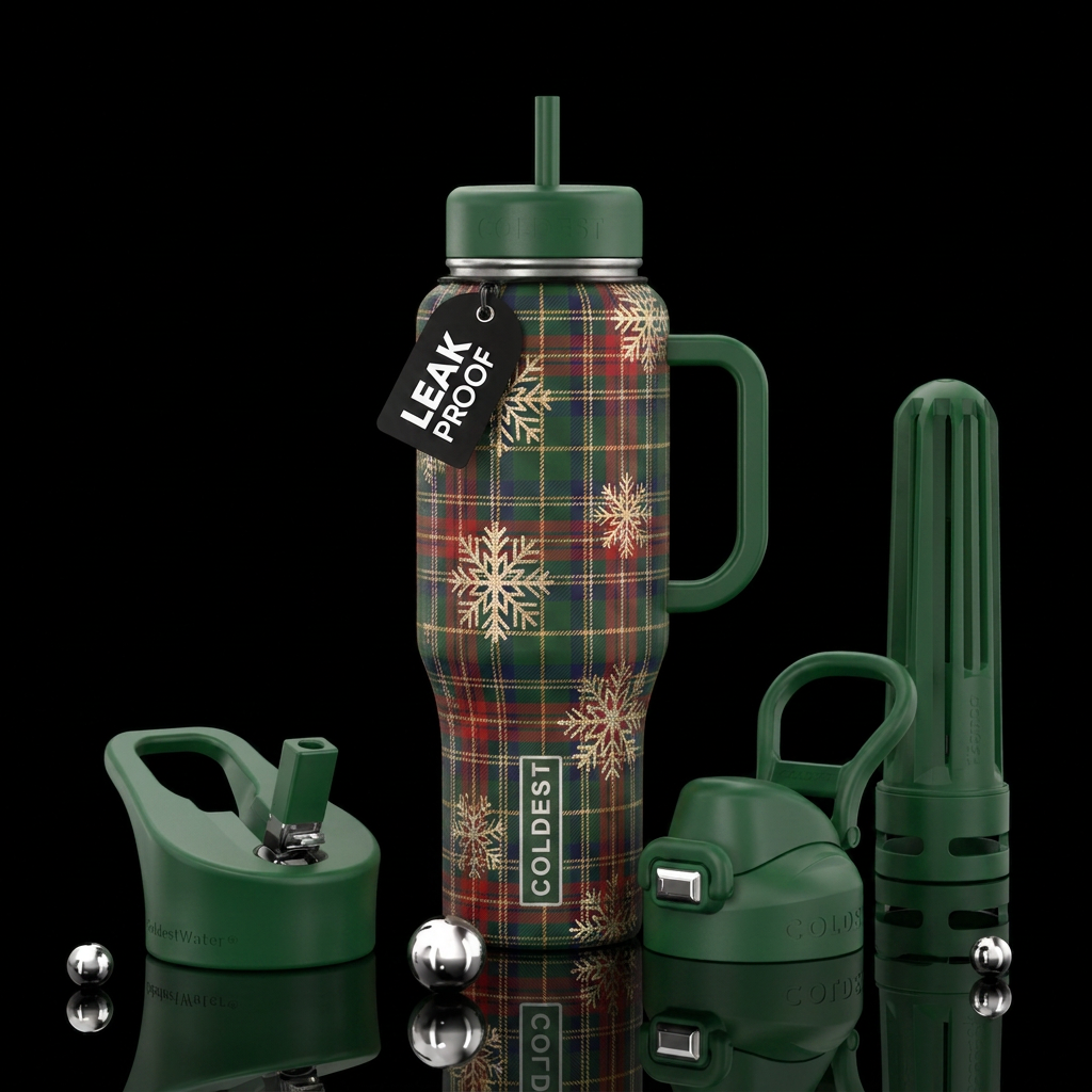 Christmas plaid and shimmery snowflakes water bottle design