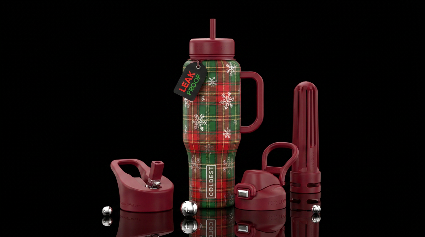 Christmas plaid and shimmery snowflakes water bottle design