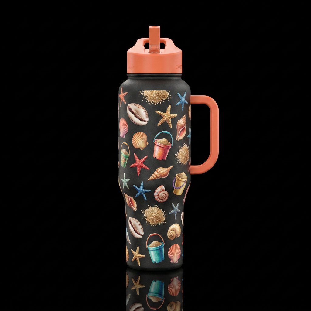 Seashells, starfish and sand buckets water bottle design