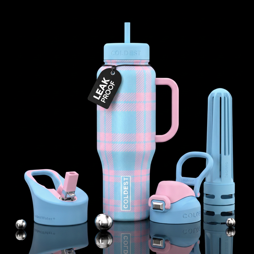 Pastel blue and pink plaid water bottle design