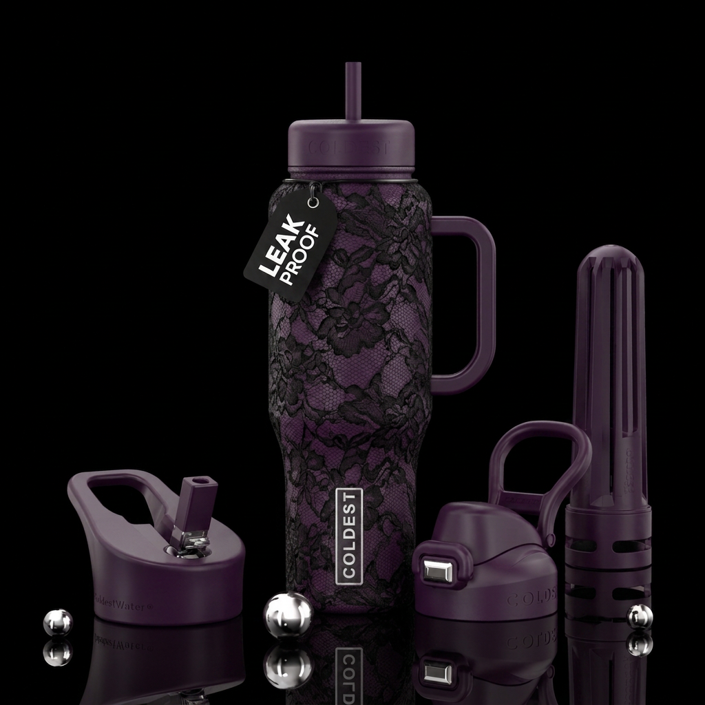 Dark purple cup with black lace water bottle design