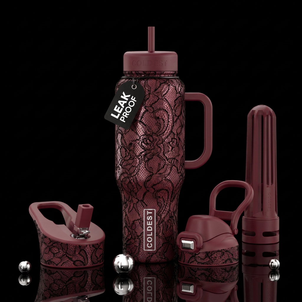 Maroon cup with black lace water bottle design