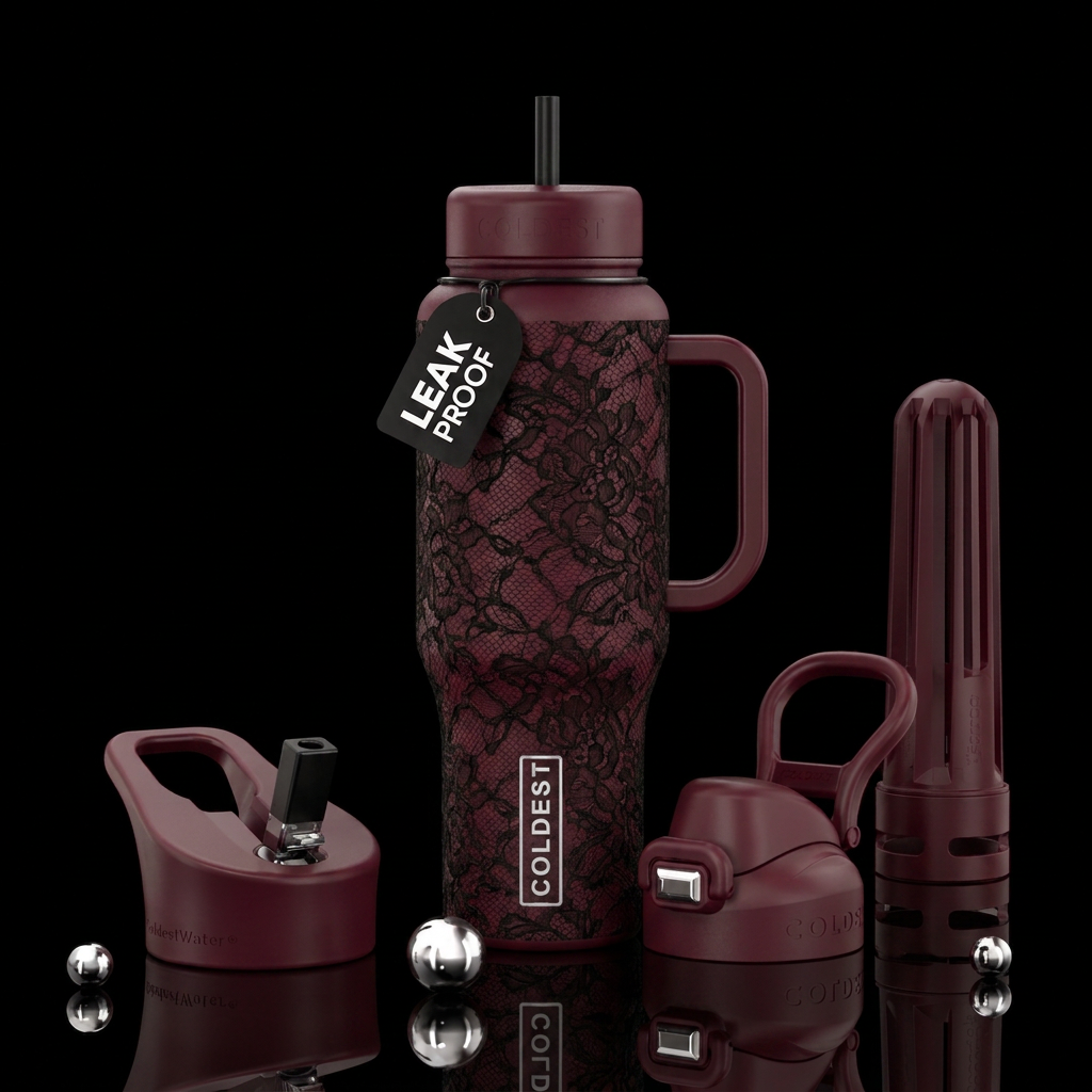 Maroon cup with black lace water bottle design