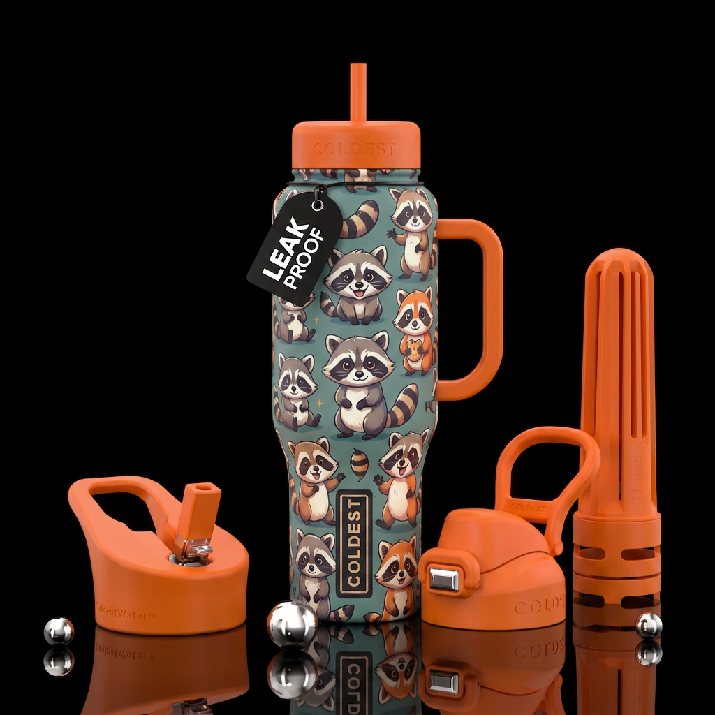 Cute cartoon raccoons water bottle design