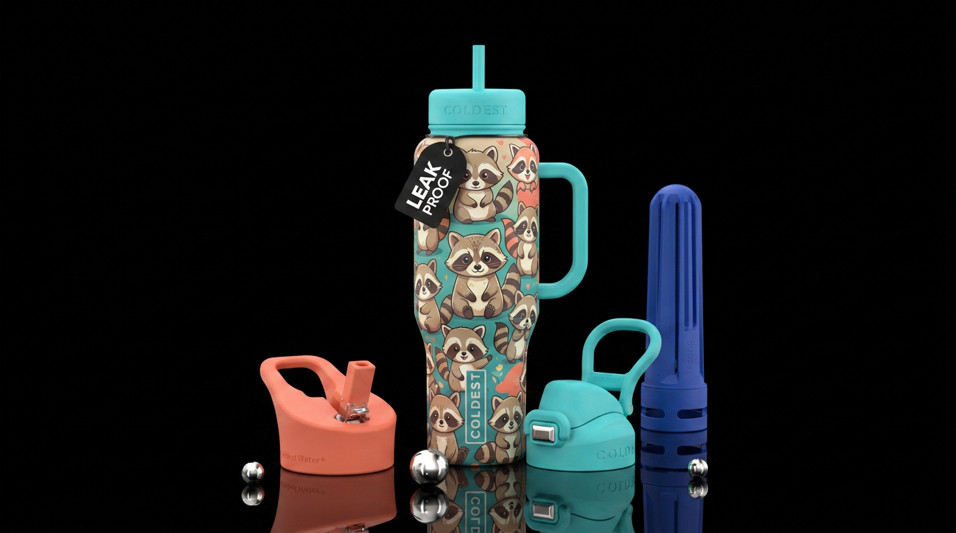 Cute cartoon raccoons water bottle design