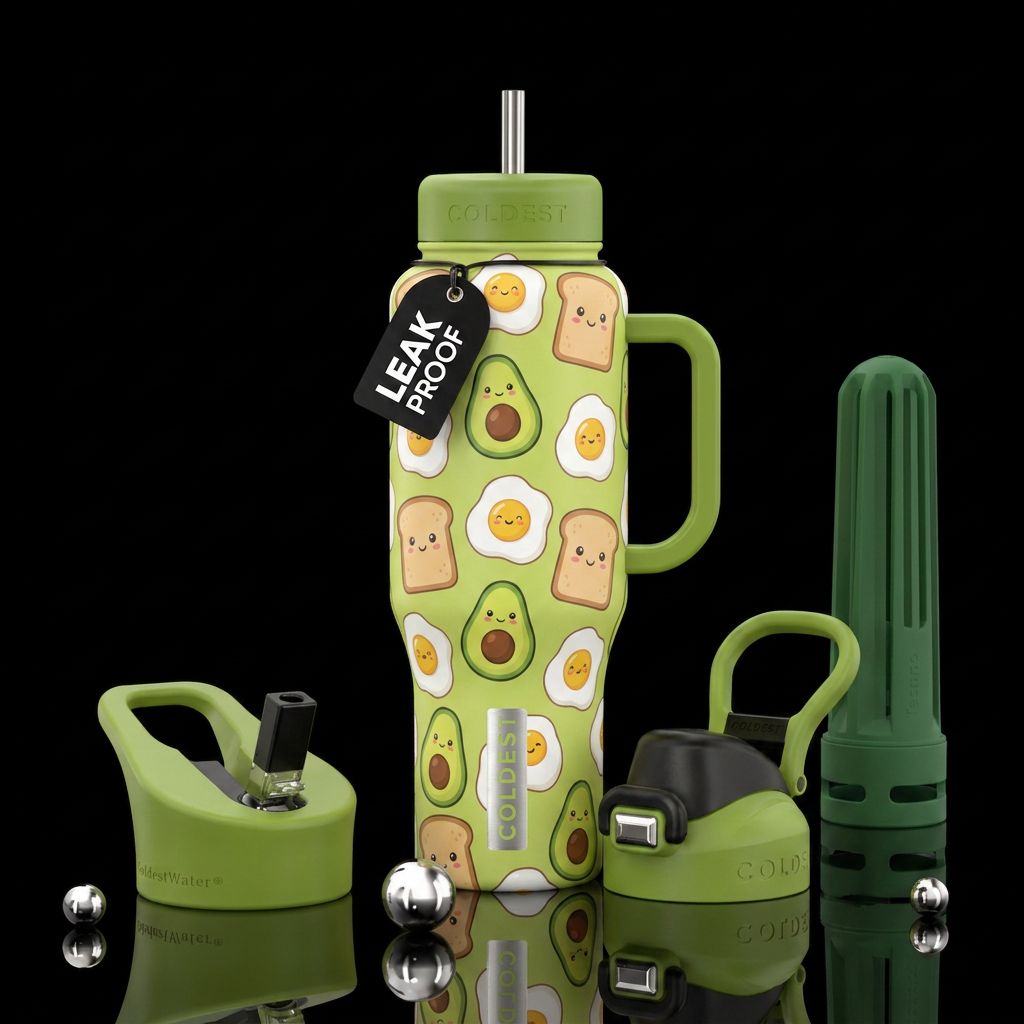 cartoon toast, avocado and eggs water bottle design