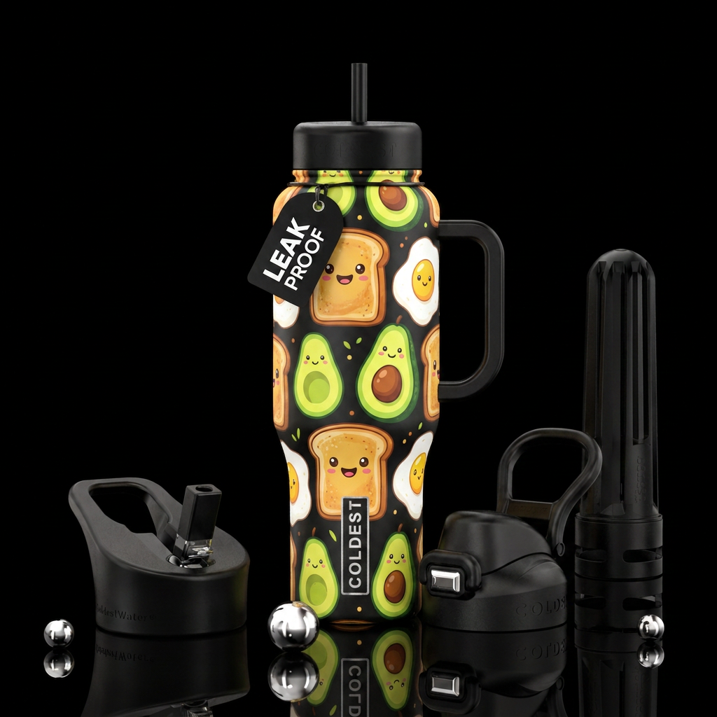 cartoon toast, avocado and eggs water bottle design