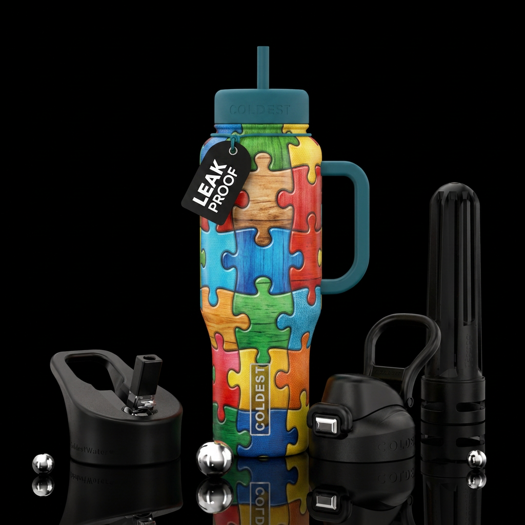 puzzle pieces water bottle design
