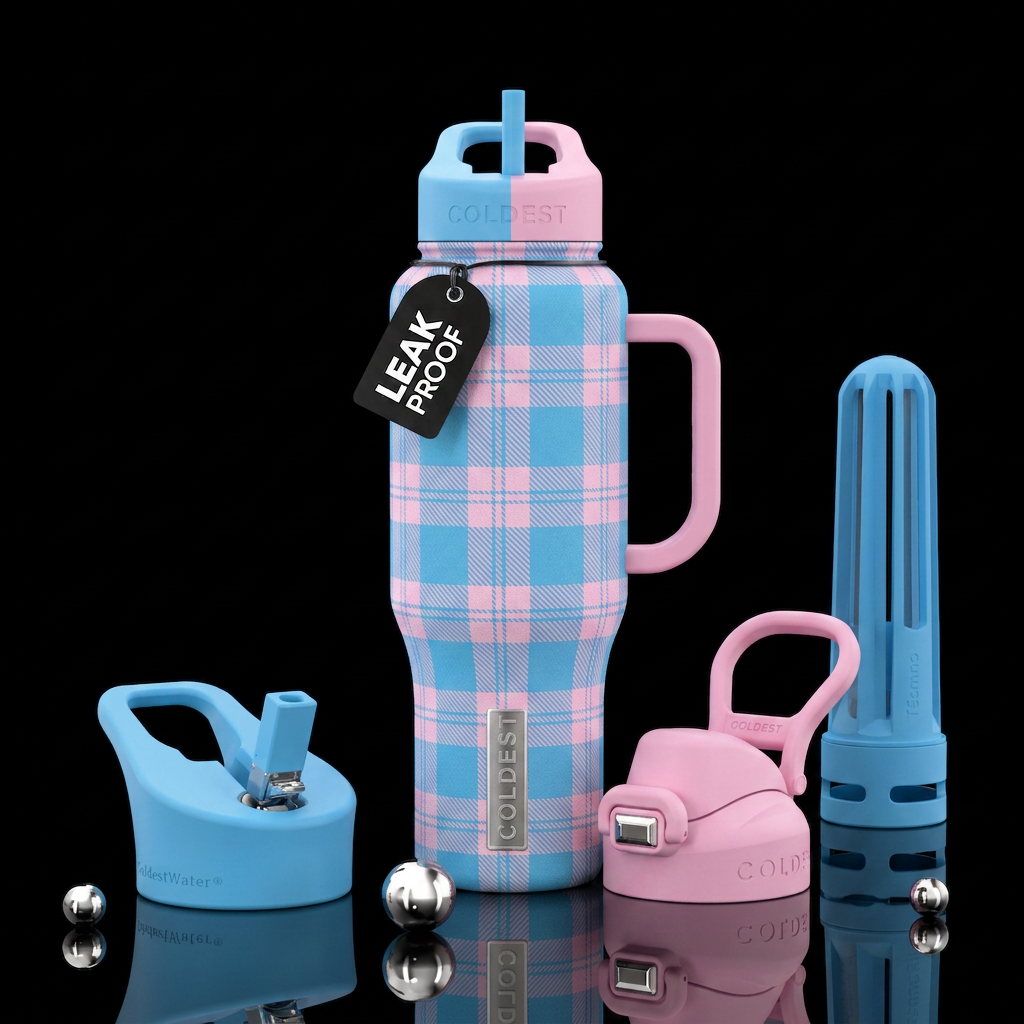 light blue and light pink plaid water bottle design
