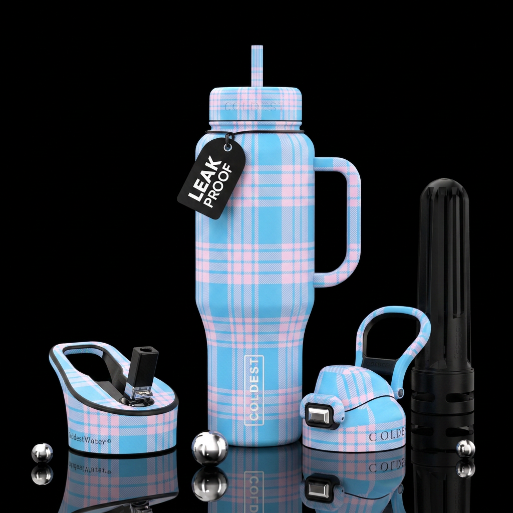 light blue and light pink plaid water bottle design