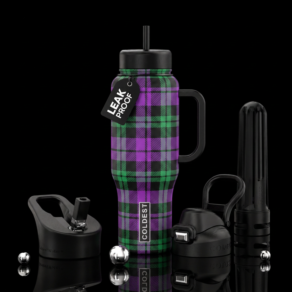 PURPLE GREEN AND BLACK PLAID water bottle design