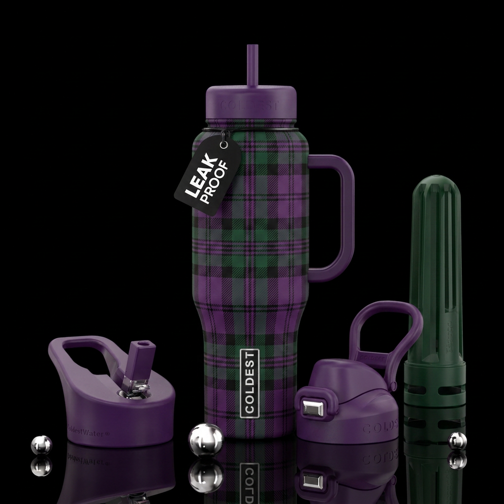 PURPLE GREEN AND BLACK PLAID water bottle design