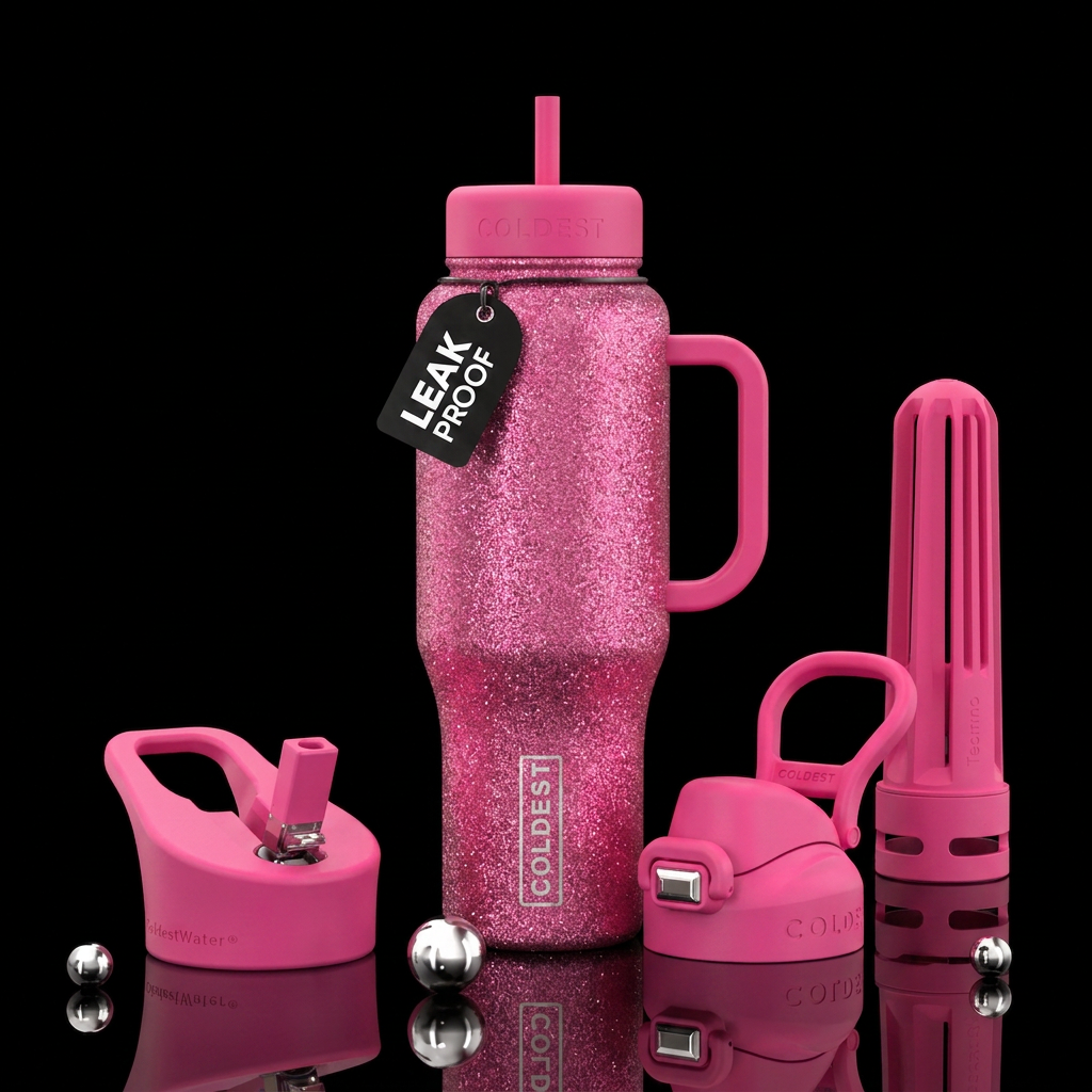 glitter pink water bottle design