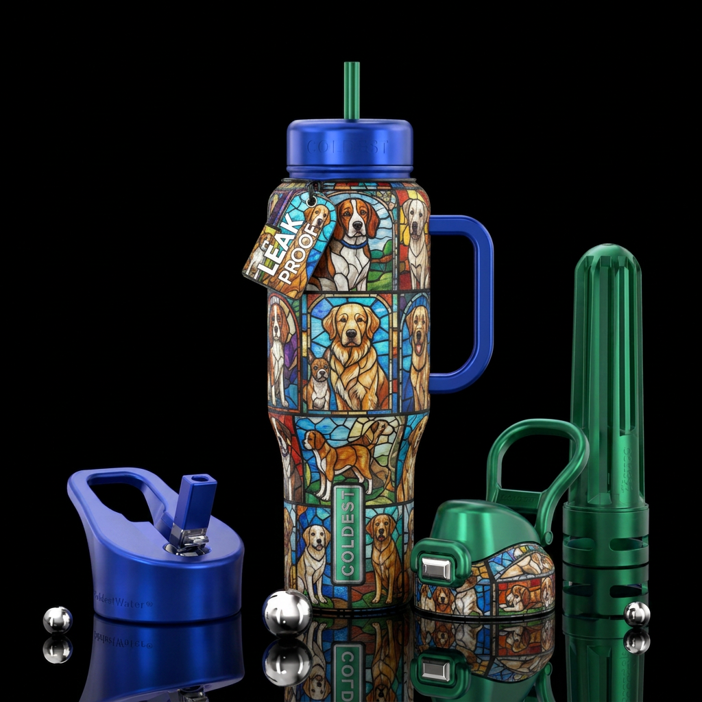 stained glass dogs water bottle design