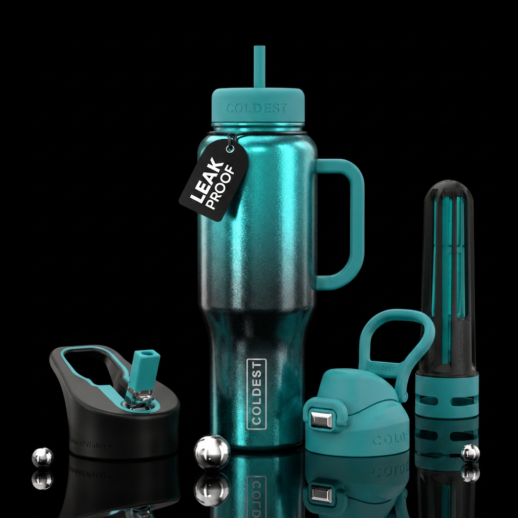 shimmery teal and black water bottle design