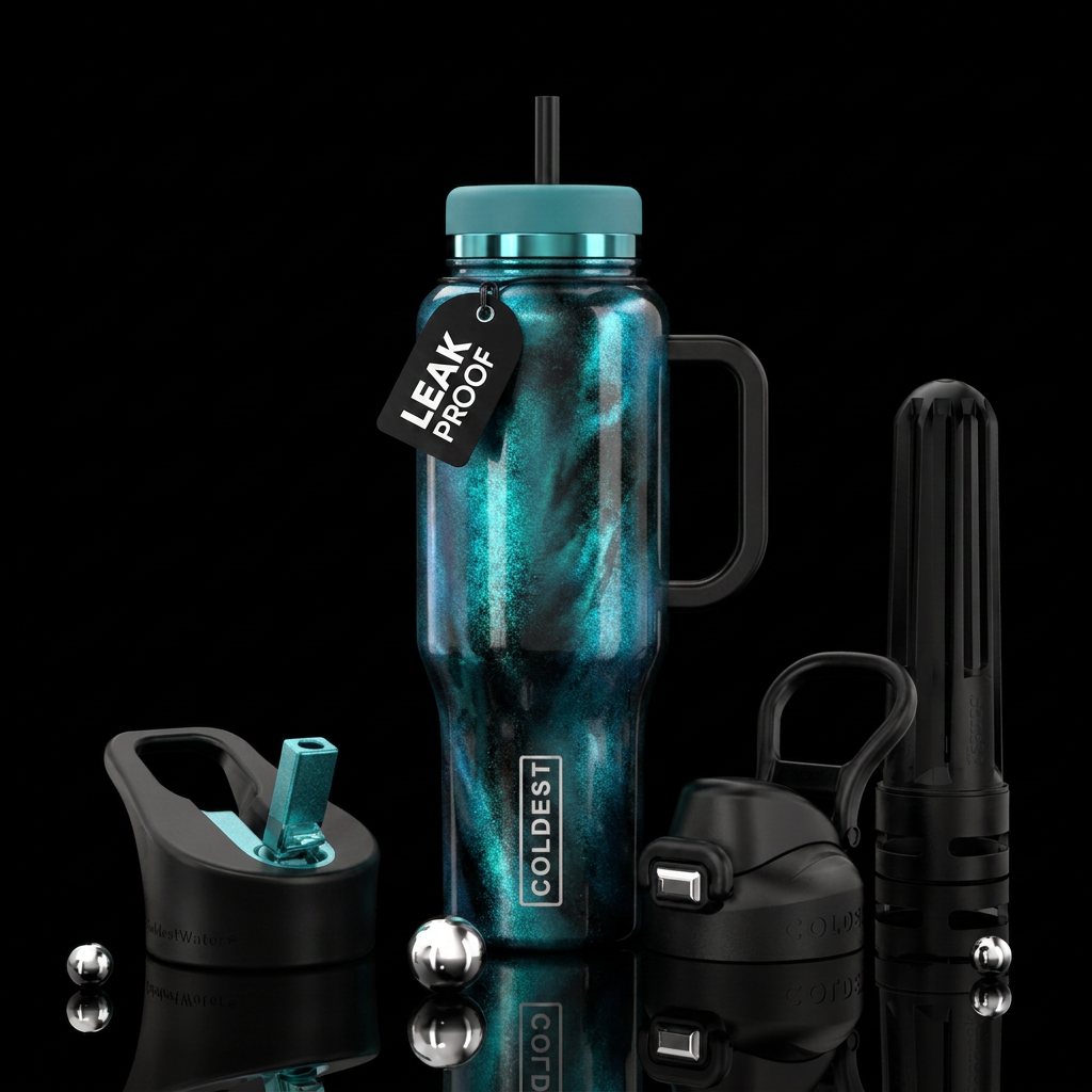 shimmery teal and black water bottle design