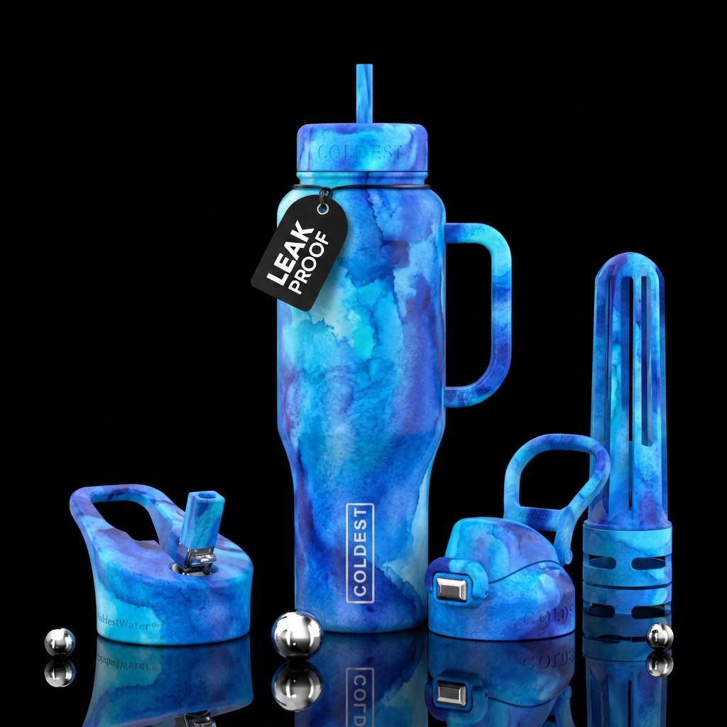 watercolor blue swirl water bottle design