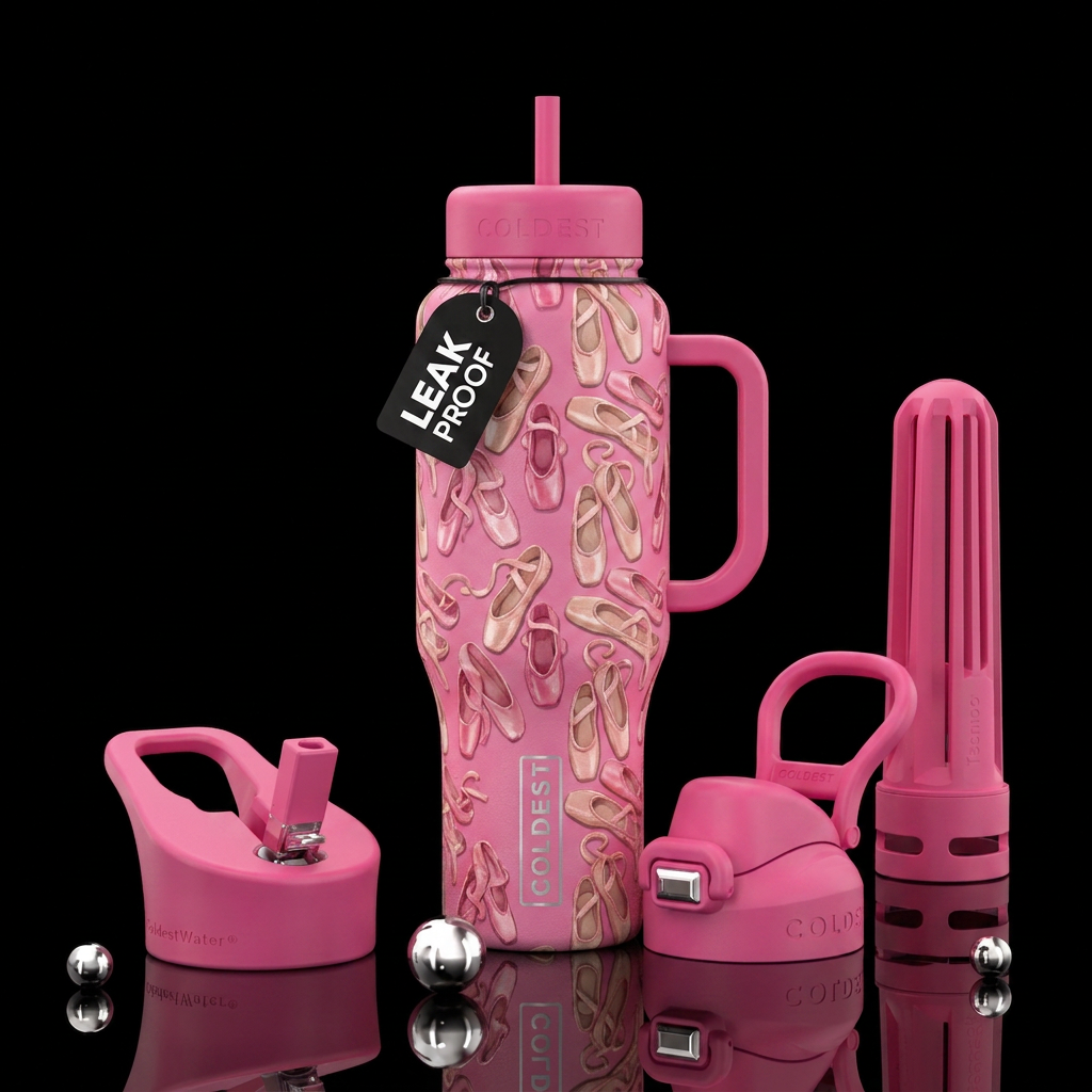 pink bottle with ballerina shoes all over water bottle design