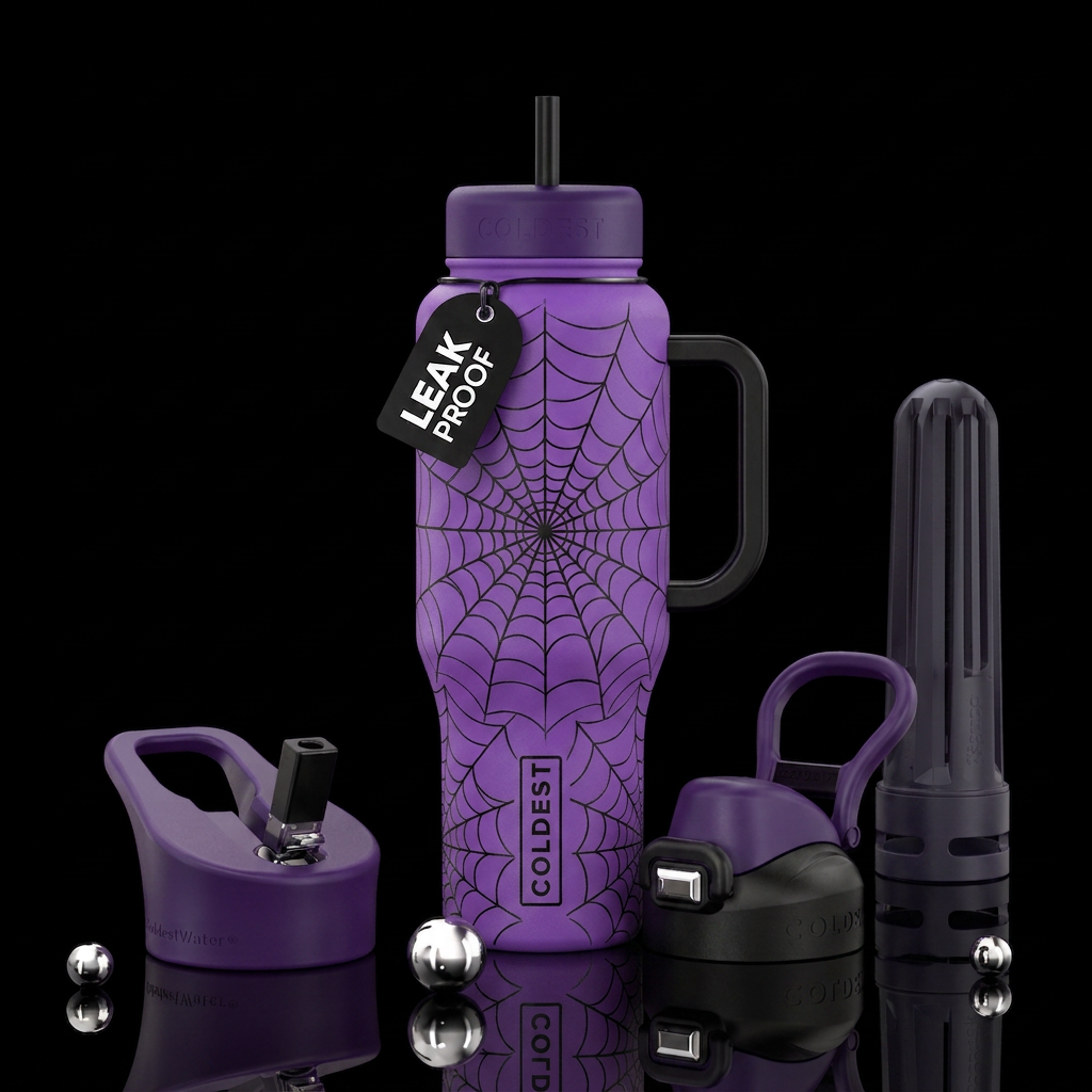 Purple cup with black spiderwebs water bottle design