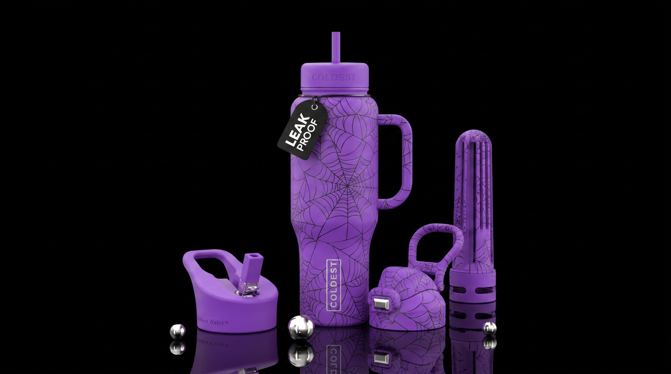 Purple cup with black spiderwebs water bottle design