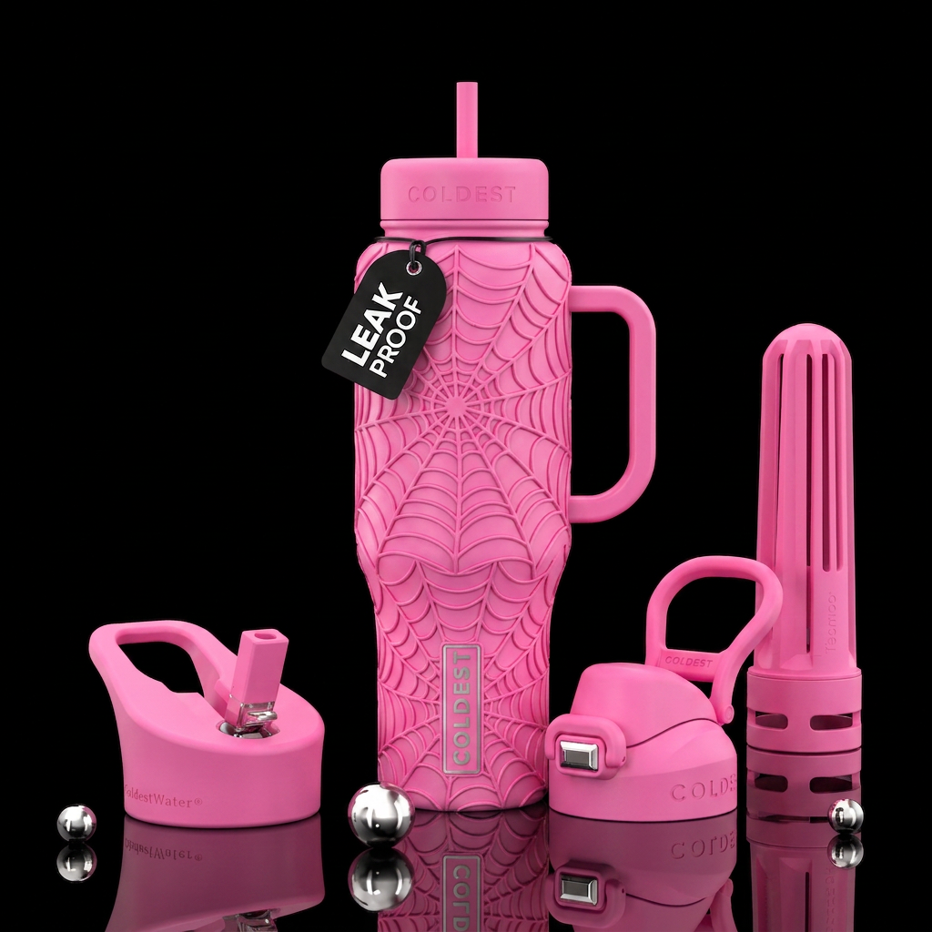 Pink cup with raised pink spiderwebs water bottle design