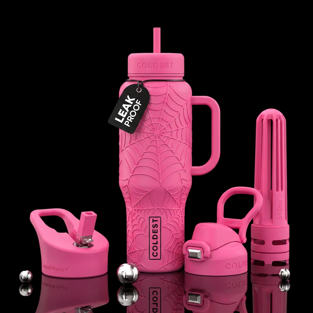 Pink cup with raised pink spiderwebs water bottle design