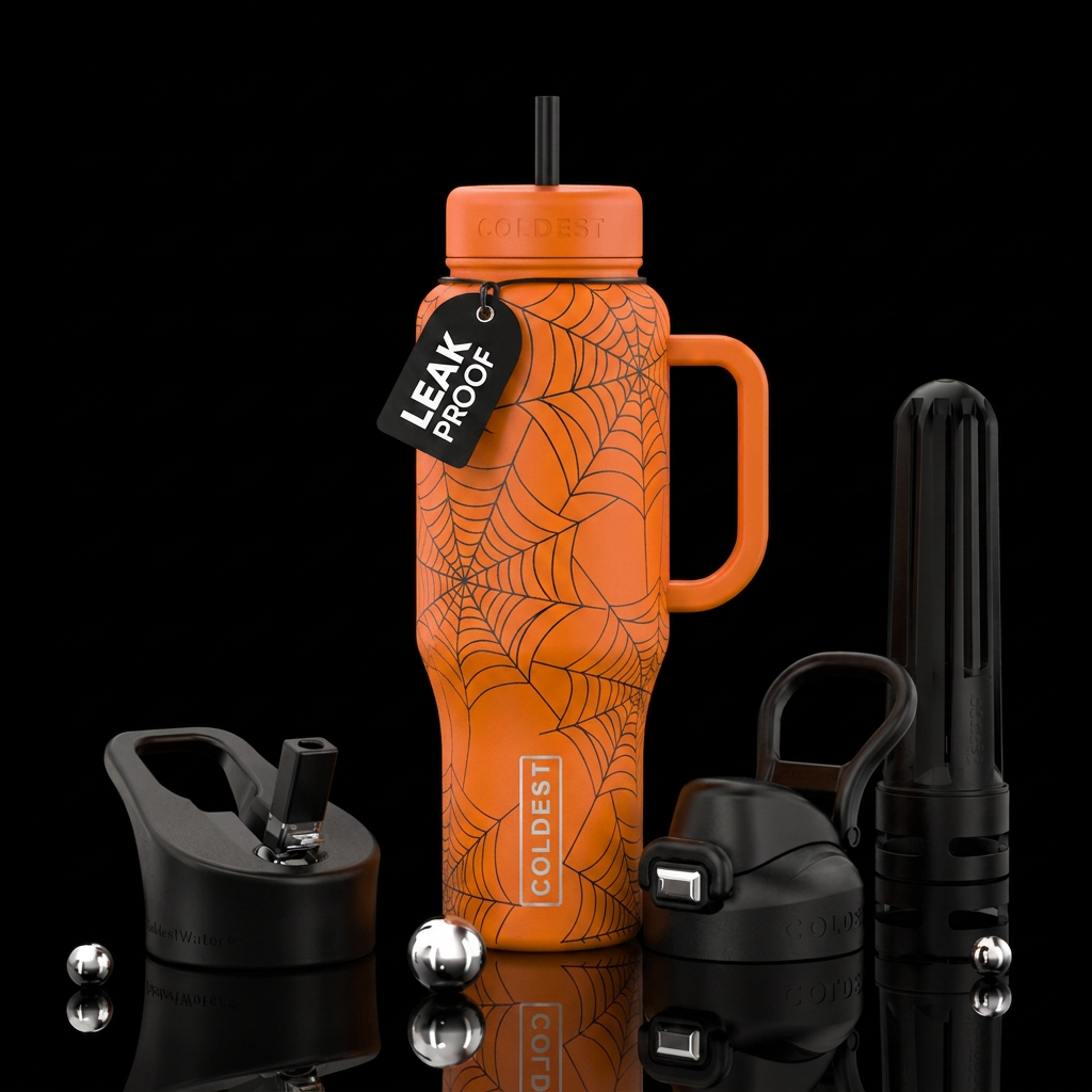 Orange cup with black spiderwebs water bottle design