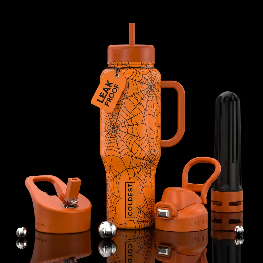 Orange cup with black spiderwebs water bottle design