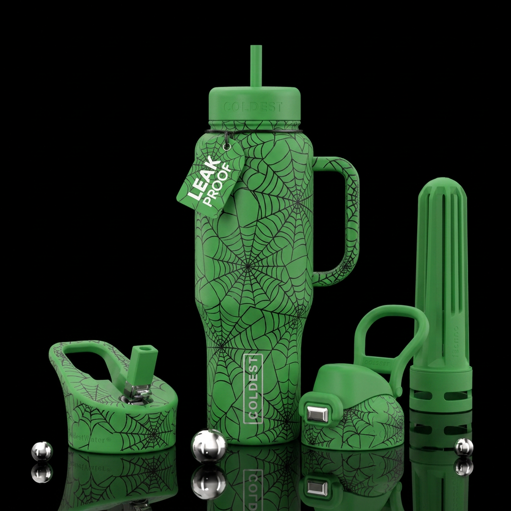 Green cup with black spiderwebs water bottle design
