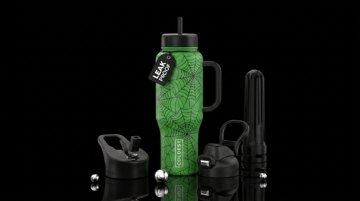 Green cup with black spiderwebs water bottle design