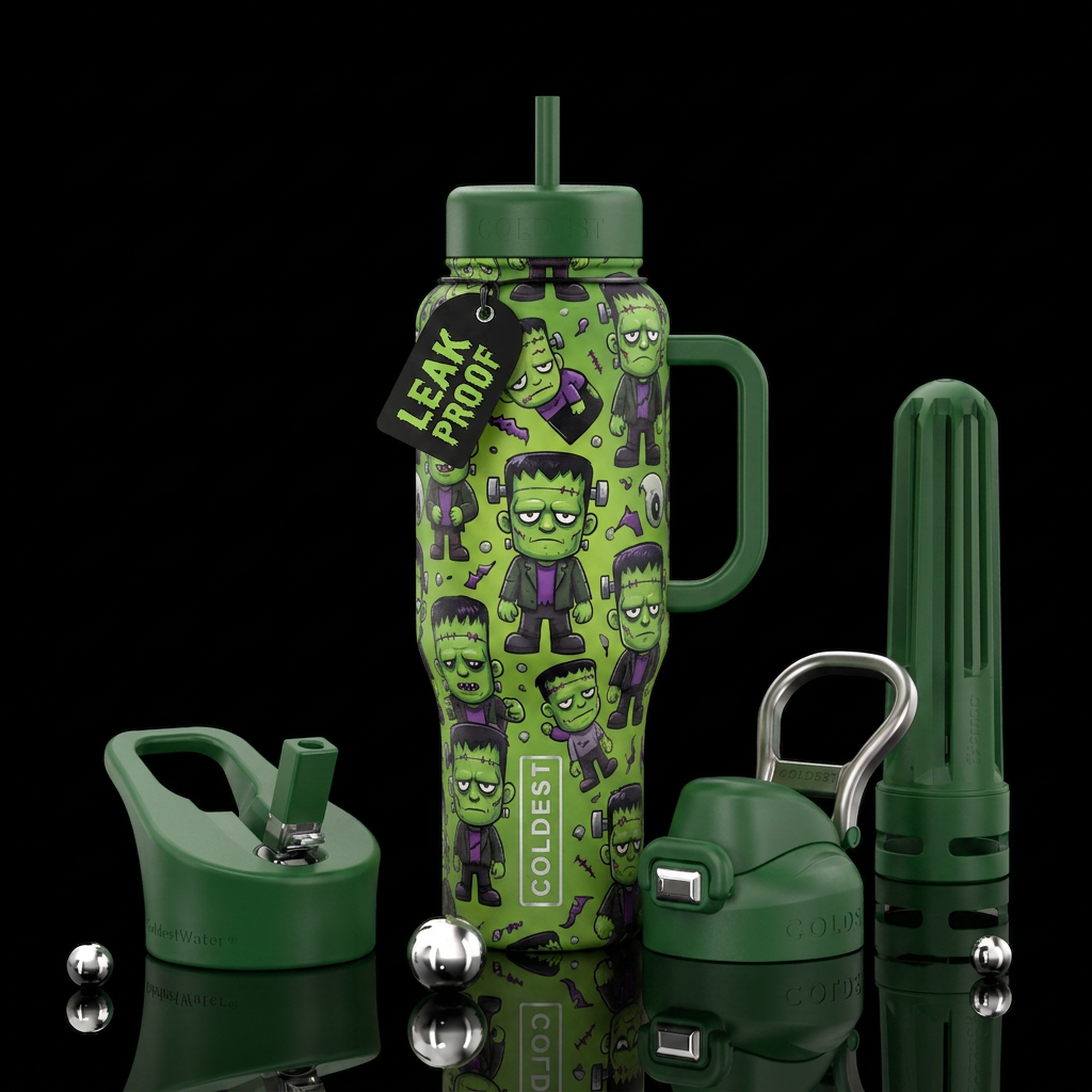 Green cup with cartoon Frankensteins all over water bottle design