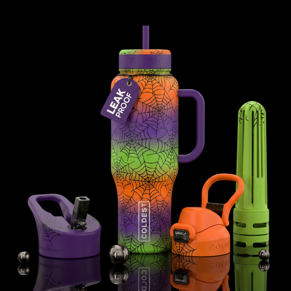 Orange, purple and green cup with black spiderwebs water bottle design